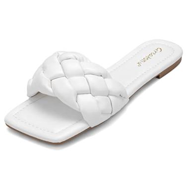 Imagem de Greatonu Sandálias rasas trançadas femininas quadradas de dedo aberto sandálias de tecido casual de verão, Branco, 36