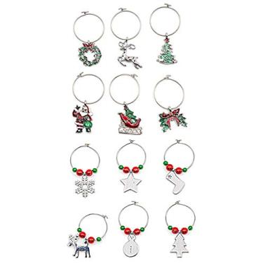 Imagem de 12 peças de pingentes de taças de vinho de Natal para taças com haste marcadores de bebida para identificar suas bebidas trazendo alegria para sua festa de fim de ano