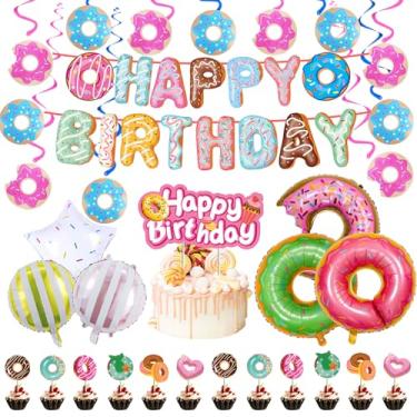 Imagem de 60 Pcs Candyland Party Decorations, Donut Party Supplies with Happy Birthday Banner, Cake Topper, Swirls, and Balloons, Lollipop Party Accessories for Summer Pool Beach Classroom Birthday Decorations