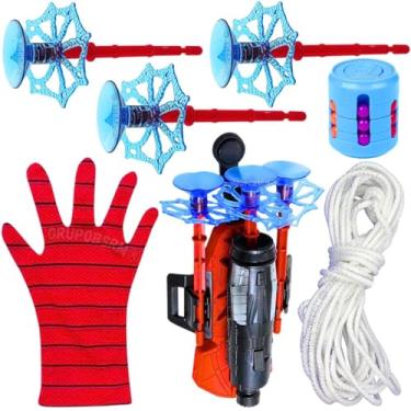 Imagem de Kit Luva Aranha Lançador de Teia Dardos Menino Presente Criança 4 anos Fantasia infantil Super Herói Cosplay Spider + 3 Brinquedos Fidget Toy 3 em 1 Cilindro Magico Hand Spinner Latinha Tiro ao Alvo