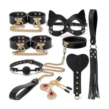Imagem de Maleta Sado de Luxo com Algema Tornozeleira Corrente Venda e Chicote Preto e Vermelho 8 Peças BDSM Fetiche Bondage