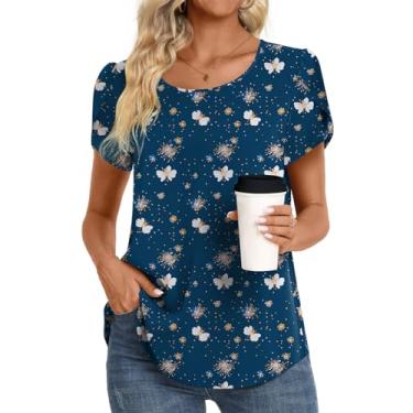Imagem de HOTGIFT Blusa feminina casual de verão 2024 túnica de manga curta para leggings camisetas de chiffon gola redonda macia e confortável, Borboleta azul, M