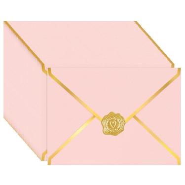 Imagem de AVERZELLA Pacote com 100 envelopes A7 5x7 para convites, 250 g cartolina pérola A6 4x6 envelopes com folha dourada V aba e selante, envelope postal para cartão de presente, casamento, chá de bebê