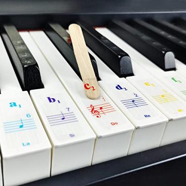 Imagem de Adesivos de teclado de piano para teclas 88/61/54/49/37. Colorido, bastão, notação musical numerada; conjunto completo de notas musicais para teclas brancas e pretas; transparentes e removíveis