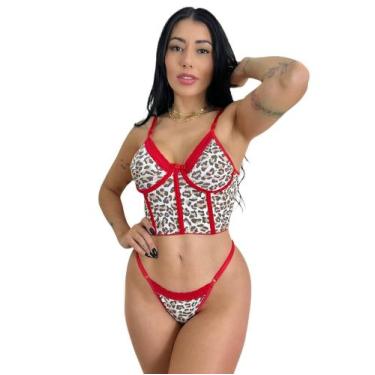 Imagem de Conjunto Calcinha e Sutiã  Cropped Estampa Oncinha Detalhe Renda com A
