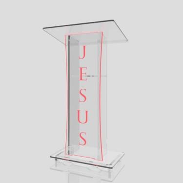 Imagem de Púlpito em Acrílico para Igreja e/ou Eventos com Gravação e Led grátis Mod. Rute Transparente (Tradicional, Moderna ou Sem Gravação) Cores em Led. (Grav. "Jesus" Tradicional, LED VERMELHO)