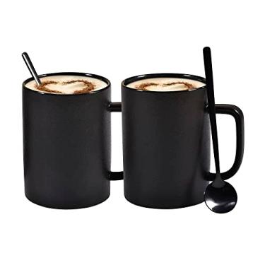 Imagem de Conjunto de 2 canecas de café, canecas de cerâmica preta fosca, conjunto de café grande de 400 ml com colheres de café pretas, xícaras grandes para latte de cappuccino ou chá para restaurante ou bar