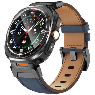 Imagem de FULLIFE Pulseiras de couro compatíveis com Samsung Galaxy Watch 7 Ultra de 47 mm, conector de metal de aço inoxidável resistente, pulseira de couro genuíno alargado para Samsung Watch Ultra 7,