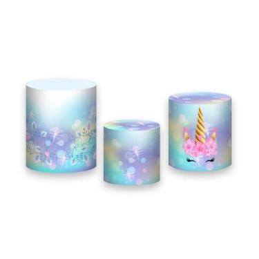 Imagem de Trio De Capa Cilindro - Unicórnio Flores Rosa Cute 007 - Via Cores