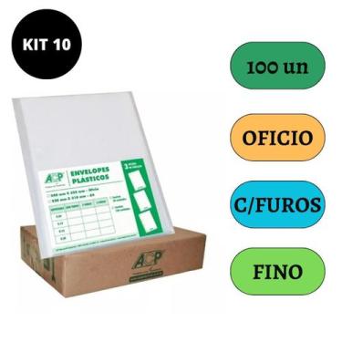 Imagem de Kit 10 Pct Com 100 Envelopes Plásticos Ofício 4 Furos 012mm Acp