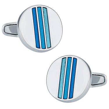 Imagem de Abotoaduras prateadas redondas esmaltadas azuis com caixa de apresentação Cuff-Daddy