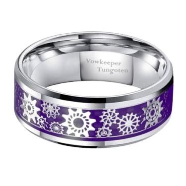 Imagem de Anel de casamento masculino de tungstênio preto de 8 mm, incrustado com padrão de engrenagem azul, estilo vintage industrial steampunk, aliança de casamento tamanho 7-13, Metal, Sem pedra preciosa