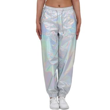 Imagem de CQBXTP Women's Glossy Metallic Holographic Punk Jogger Sweatpants Drawstring Waist Trousers Hip Hop Club Wear (Holographic Silver, Medium)
