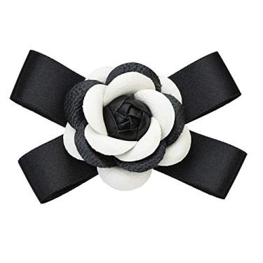 Imagem de Fenni Jewelry Broche feminino de flor de camélia prendedor de laço pré-amarrado clipes de pescoço para festa de casamento gravata borboleta, fita