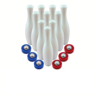 Imagem de SM SunniMix Kits de jogos de boliche de mesa Jogo de disco rápido Presentes de aniversário com tapete de jogo Conjunto de boliche 3 em 1 Bolas de rolo