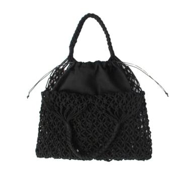 Imagem de Bolsa de mão de rede de pesca, bolsa de ombro de tecido, sacola de corda de algodão, bolsa de praia de viagem de malha, bolsa de malha de crochê para mulheres, Preto, Small, Clássico