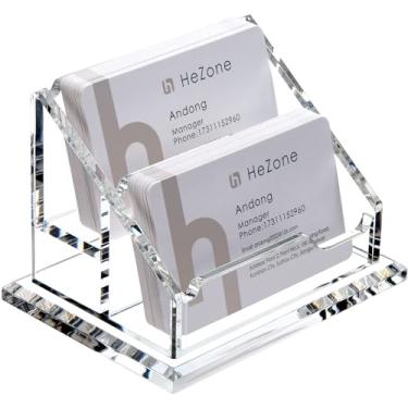 Imagem de HeZone suporte de cartão de visita de acrílico para mesa suporte de exibição de cartão de visita transparente 2 slots de nível 2 porta-cartões de visita para homens e mulheres, organize 100