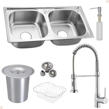 Imagem de Kit Cuba Dupla em Inox com Acessórios Com Torneira Gourmet Monocomando Cromada e Lixeira 5 Litros