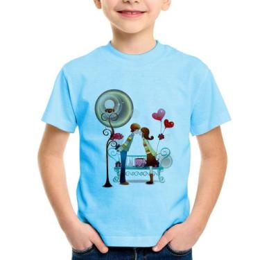Imagem de Camiseta Infantil Casal Namorados Beijando - Foca na Moda, Azul bebê, 