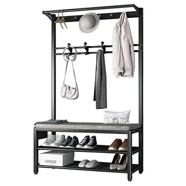 Imagem de Árvore de entrada 4 em 1 com banco de armazenamento, cabideiro com banco de sapatos, suporte de casaco com sapateira de 2 camadas e 10 ganchos para corredor de entrada, fácil de montar