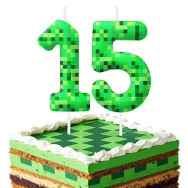 Imagem de Velas de aniversário de 15 anos, topo de bolo verde para meninos e meninas, número 15, decoração de aniversário com tema de desenho animado, artigos de festa