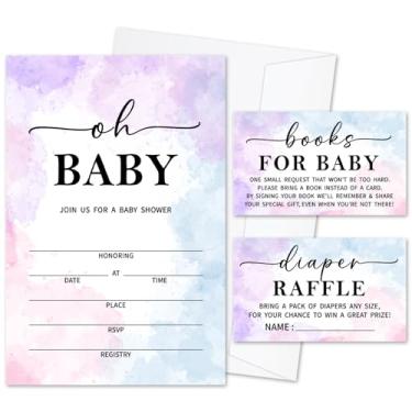 Imagem de Oh Baby - Conjunto de convites de chá de bebê em aquarela para meninos e meninas, 25 conjuntos de convites com envelopes sorteio de fraldas e cartões de pedido de livro para anúncio de bebê,