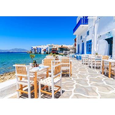 Imagem de BELECO Pano de fundo de 2,1 x 1,5 m de tecido Grécia Street Cafe Restaurante Santorini Island Oia Village fundo azul do mar Egeu Grécia decorações de festa aniversário casamento adereços de fotos