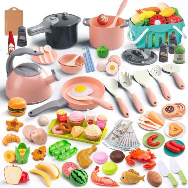 Imagem de Conjunto de brinquedos de cozinha Funpynani 130 unidades com panelas, frigideiras e utensílios rosa