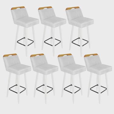 Imagem de Kit 07 Banqueta Alta c/ Encosto Lith Para Cozinha Bar Balcão Bistrô Pé Palito Branco Corino Branco - Ahz Móveis