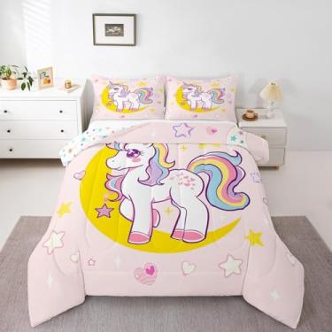 Imagem de jejeloiu Jogo de cama casal fofo de unicórnio rosa com estampa de lua e estrela, conjunto de edredom kawaii, 3 peças