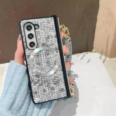 Imagem de Capa de telefone magnética de couro com alça de pulso para Samsung Galaxy Z Fold 6 5 4 3 5G, capa protetora com dobradiça de corda de mão, cinza, para Samsung Galaxy Z Fold6