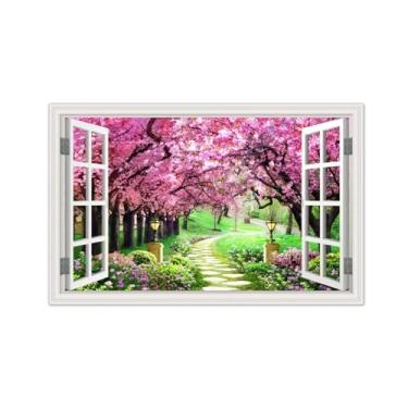 Imagem de Imagem paisagem janela falsa-Impressões lona arte parede natural-Árvore flores rosa-Pintura mural decoração 30x50cm-12x19in sem moldura