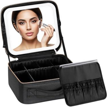 Imagem de IPOW Bolsa de maquiagem preta premium com espelho de LED recarregável, 3 configurações de luz ajustáveis, divisórias personalizáveis, organizador de viagem portátil, carregamento USB, Preto, Estojo de