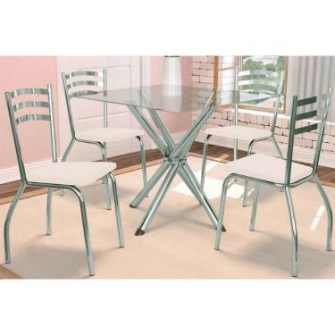 Imagem de Kit 4 Cadeiras Sala Jantar Volga c/ Tampo de Vidro 90cm e 4 Cadeiras Portugal Cromada - Courano Branco - Kappesberg