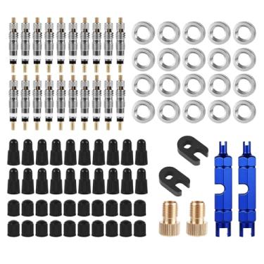 Imagem de Kit de reparo do núcleo da válvula, inclui núcleos de válvula de latão, tampas, ferramentas de remoção, chaves, conversores e porcas, kit de reconstrução de pneu de bicicleta compatível com Presta