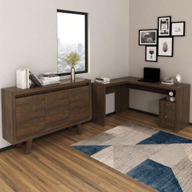 Imagem de Conjunto Home Office 2 Peças 1 Mesa Para Escritório Em L Com 1 Balcão 3 Portas Espresso Móveis Rústico
