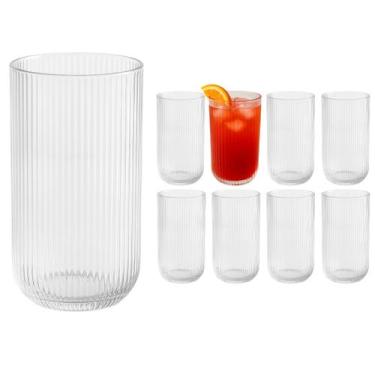Imagem de Kit 8 Copos De Vidro Transparente 450Ml Canelado Sucos Bebida - Dona L
