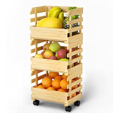 Imagem de Cesta de frutas para cozinha, suporte grande de cesta de frutas de bambu, removível e móvel – perfeito para cozinha, armário de despensa, quarto, banheiro, garagem