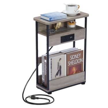 Imagem de YEAKOO Mesa lateral estreita com estação de carregamento, mesa de canto de 3 camadas com 2 portas USB e tomadas, mesa lateral de sofá fina para espaços estreitos e pequenos, mesa de cabeceira para