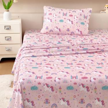 Imagem de MICORAL Jogo de lençol solteiro infantil unicórnio, 3 peças de lençóis para meninos e meninas, lençóis de microfibra com estampa macia, conjunto de cama infantil aconchegante com bolso profundo