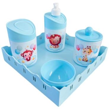 Imagem de Kit Higiene Baby Safari Menino e Menina c/bandeja em MDF (QUADRADA AZUL/AZUL, Leão/Macaco/Girafa - Balões)