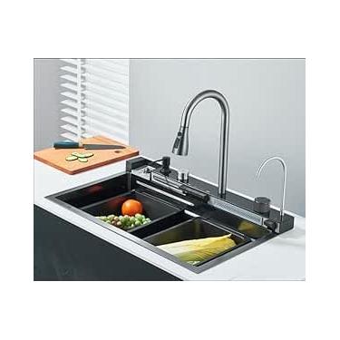 Imagem de Kit Cuba Gourmet Cozinha Pia Aço Inox 304 75x45 CM, TINICO Pia De Cozinha, Com Torneira Extraível, Slot Único Grande, Integrado Digital Display Faucet Set, Acessórios Para Pias，Preto