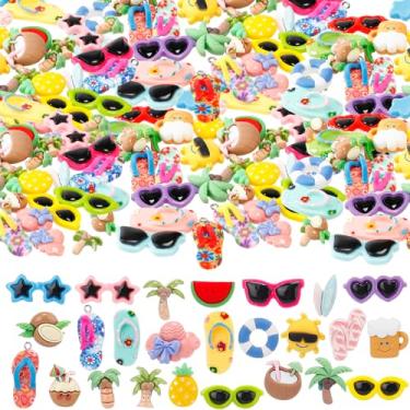 Imagem de Giegxin 40 peças de encanto de resina de verão Havaí praia coco flamingo plumeria flor flatback acessórios cabochão enfeites fofos em massa para joias capa de celular scrapbooking DIY (verão)