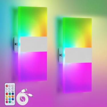 Imagem de FuSangOpto Conjunto de arandela de parede de 2,12 cores alternáveis RGB 4000 mAH operado por bateria, com controle remoto, regulável, luzes noturnas magnéticas recarregáveis sem fio para escadas,