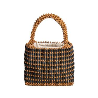 Imagem de SHAREYOIU Bolsa feminina feita à mão com contas de madeira pequena bolsa de tecido, Café