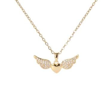 Imagem de crataly Colar de coração alado com detalhes de cristal, corrente banhada a ouro, pingente delicado de asas de anjo