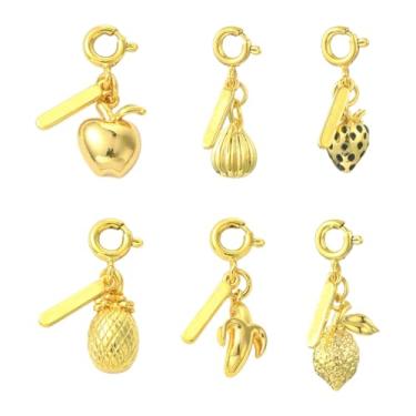 Imagem de UR URLIFEHALL 6 peças 6 estilos pingentes de frutas de latão maçã dourada banana abacaxi morango pingentes para colar, pulseira, brincos para fabricação de joias