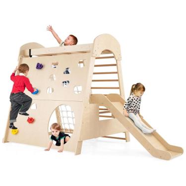 Imagem de Costzon Indoor Jungle Gym: Playground de Madeira Natural para Crianças de 3 Anos - Escorregador, Escada, Rede de Escalada, Balanço e Mais