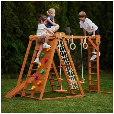 Imagem de Avenlur Chestnut: Jungle Gym Indoor e Outdoor 7 em 1 Dobrável para Crianças - Escorregador, Parede de Escalada, Barra de Macaco, Balanço