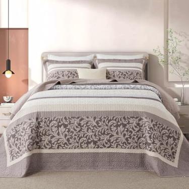 Imagem de Bedduvit 100% algodão 304,8 cm x 325,1 cm Colcha grande California King – Colcha grande de fazenda Cal King, estampa botânica listrada, conjunto de colchas Cal King, todas as estações, 3 peças, marrom